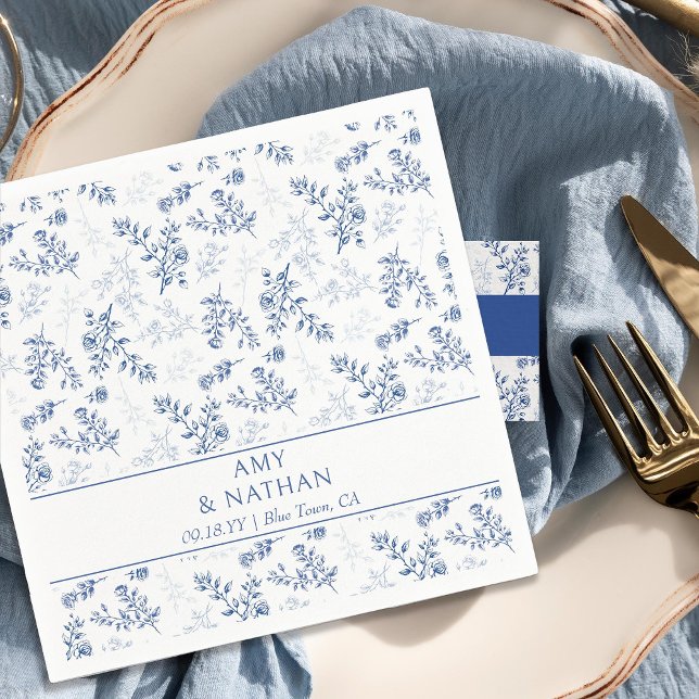Chinoiserie Elegant Floral Blue and White Wedding Napkin (Wedding cocktail napkins from Chinoiserie Wedding Collection by Darling & May)