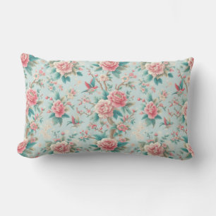 Chinoiserie Elegant Pink and Aqua Floral Bird Lumbar Cushion