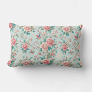 Chinoiserie Elegant Pink and Aqua Floral Bird Lumbar Cushion