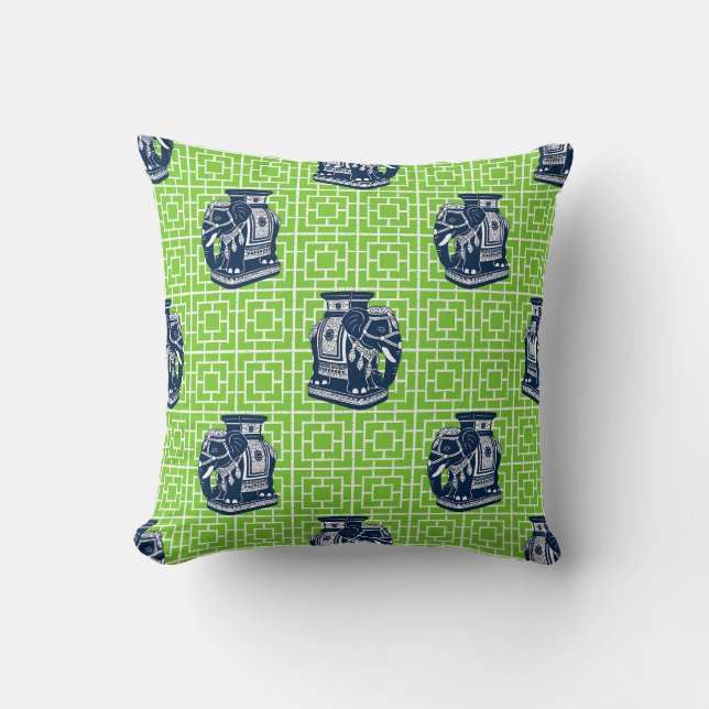Chinoiserie Elephant on Bamboo - Navy & Lime Cushion (Front)