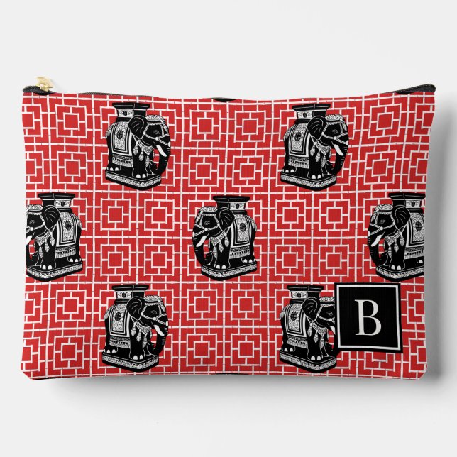 Chinoiserie Elephant on Bamboo - Red & Black Accessory Pouch (Front)