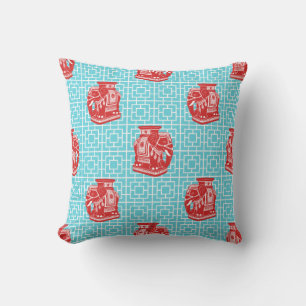 Chinoiserie Elephant on Bamboo - Red & Turquoise Cushion