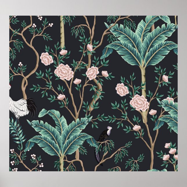 Chinoiserie Exotic Birds: Vintage Banana Tree Wall Poster (Front)