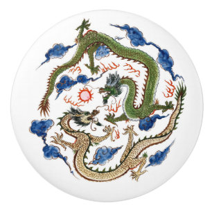 Chinoiserie Famille Verte Dragons Flaming Pearl Ceramic Knob