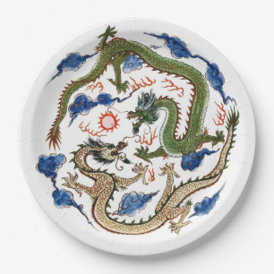Chinoiserie Famille Verte Dragons Flaming Pearl Paper Plate