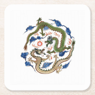 Chinoiserie Famille Verte Dragons Flaming Pearl Square Paper Coaster