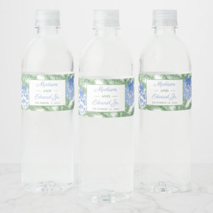 Chinoiserie Fir Tree Blue White Wedding Shower Water Bottle Label