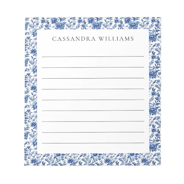 Chinoiserie Floral Blue Personalised Name Lined Notepad (Front)