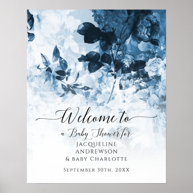 Chinoiserie Floral Blue White Welcome Baby Shower Poster (Front)
