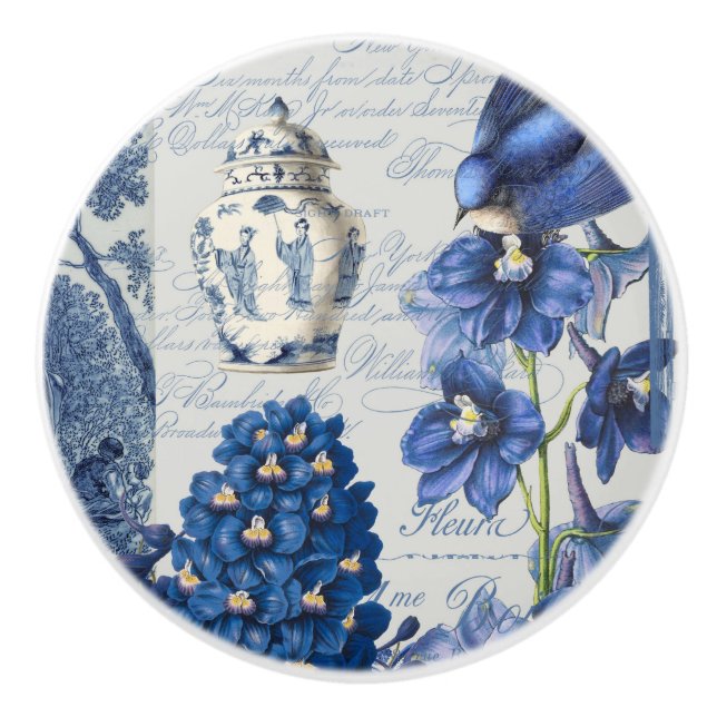 Chinoiserie Floral Delft Blue White Ginger Jar  Ceramic Knob (Front)