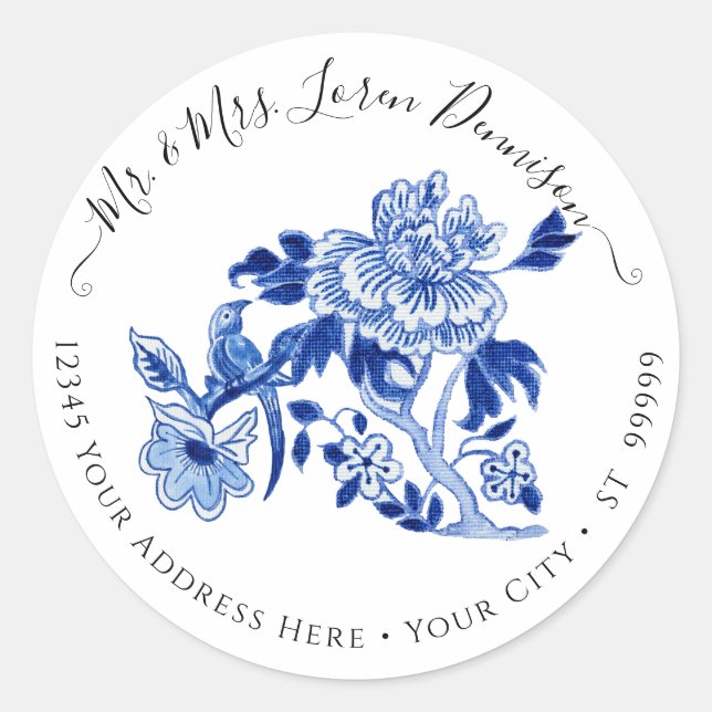 Chinoiserie Floral Foliage Blue White Bird Wedding Classic Round Sticker (Front)