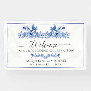 Chinoiserie Floral Navy Blue White Bird Wedding Banner