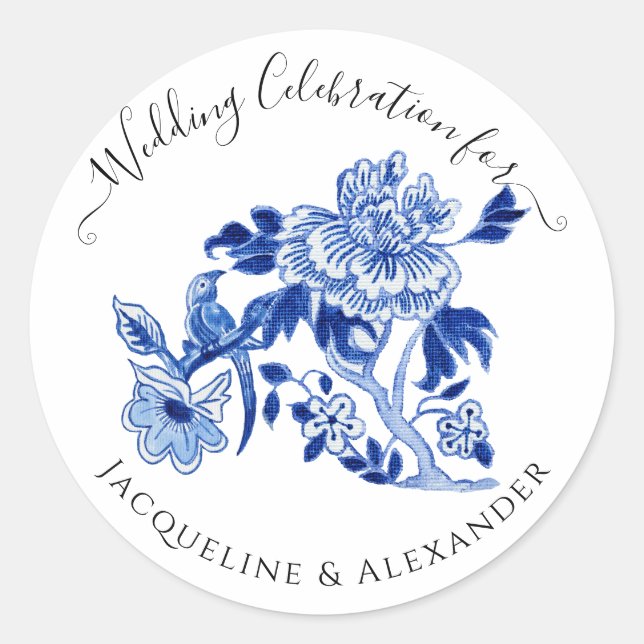 Chinoiserie Floral Navy Blue White Bird Wedding Classic Round Sticker (Front)