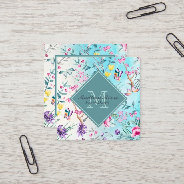 Chinoiserie Floral Pattern Square Business Card (Front/Back In Situ)