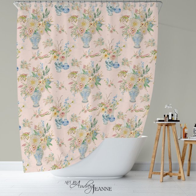 Chinoiserie Floral Vase Blush Pink Peony Bath Shower Curtain (Creator Uploaded)