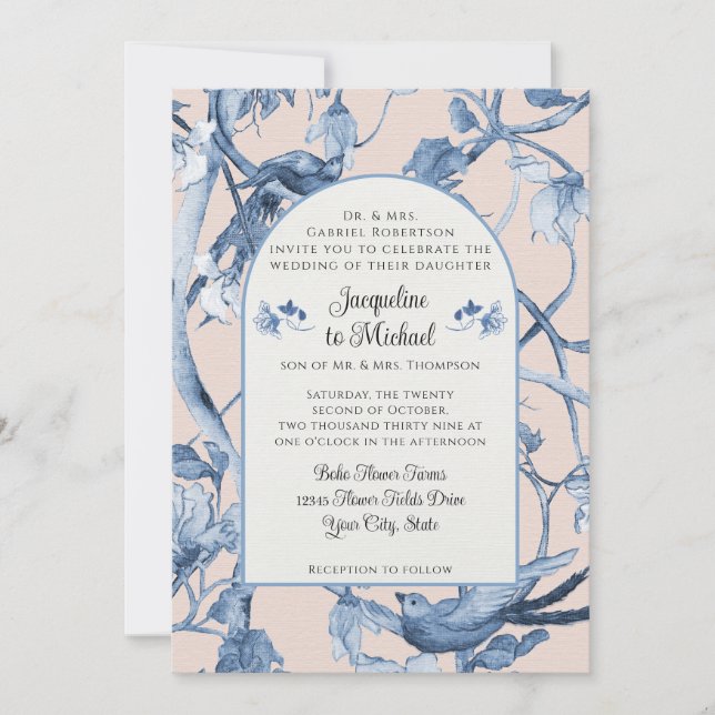 Chinoiserie Floral White Blue n Pink Birds Wedding Invitation (Front)