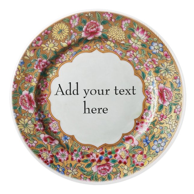 Chinoiserie Flowers Gold Ceramic Style Personalise Knob (Front)