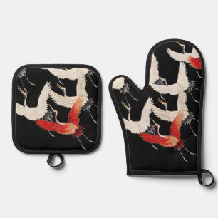 Chinoiserie Flying Crane Zen Minimalist Kimono Art Oven Mitt & Pot Holder Set
