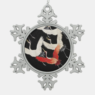 Chinoiserie Flying Crane Zen Minimalist Kimono Art Snowflake Pewter Christmas Ornament