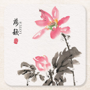 Chinoiserie Freehand Watercolor Floral Lotus Squar Square Paper Coaster