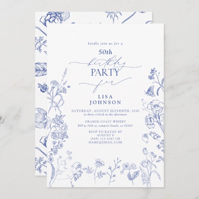 Chinoiserie French Blue Floral 50th Birthday Invitation (Front/Back)