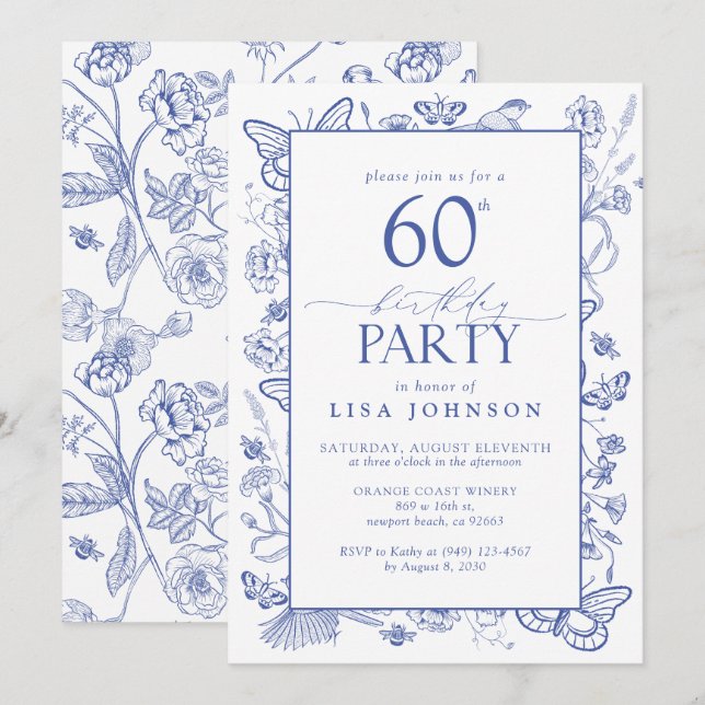 Chinoiserie French Blue Script 60th Birthday Party Invitation (Front/Back)