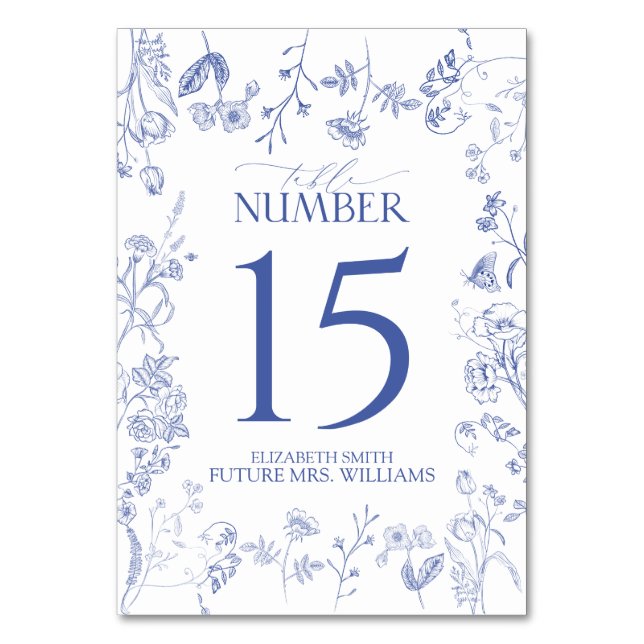 Chinoiserie French Blue Victorian Floral Table Number (Front)