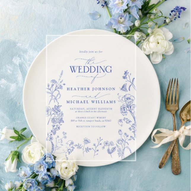 Chinoiserie French Blue Victorian Floral Wedding Acrylic Invitations (Creator Uploaded)