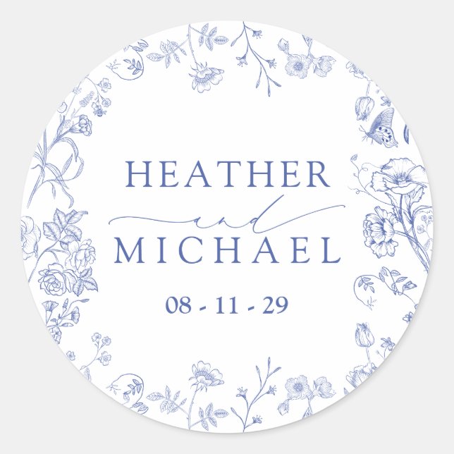 Chinoiserie French Blue Victorian Floral Wedding Classic Round Sticker (Front)