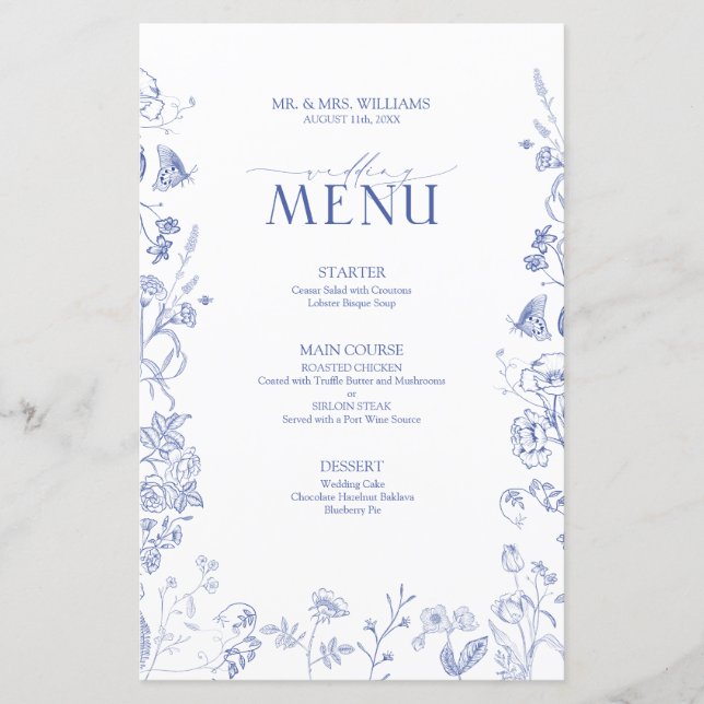 Chinoiserie French Blue Victorian Wedding Menu (Front)