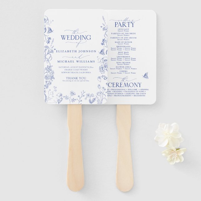 Chinoiserie French Blue Victorian Wedding Program Hand Fan (Front and Back)