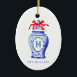 Chinoiserie Ginger Jar Monogram | Red Bow Ceramic Tree Decoration<br><div class="desc">This chic design features chinoiserie ginger jar with a blue monogram and a red bow. You can personalise with your monogram initial and your name.</div>