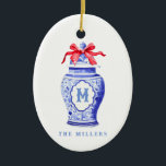 Chinoiserie Ginger Jar Monogram | Red Bow Ceramic Tree Decoration<br><div class="desc">This chic design features chinoiserie ginger jar with a blue monogram and a red bow. You can personalise with your monogram initial and your name.</div>