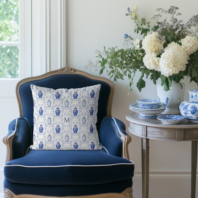 Chinoiserie Ginger Jar Monogrammed Crest Cushion (Ginger Jar Monogram Pillow)