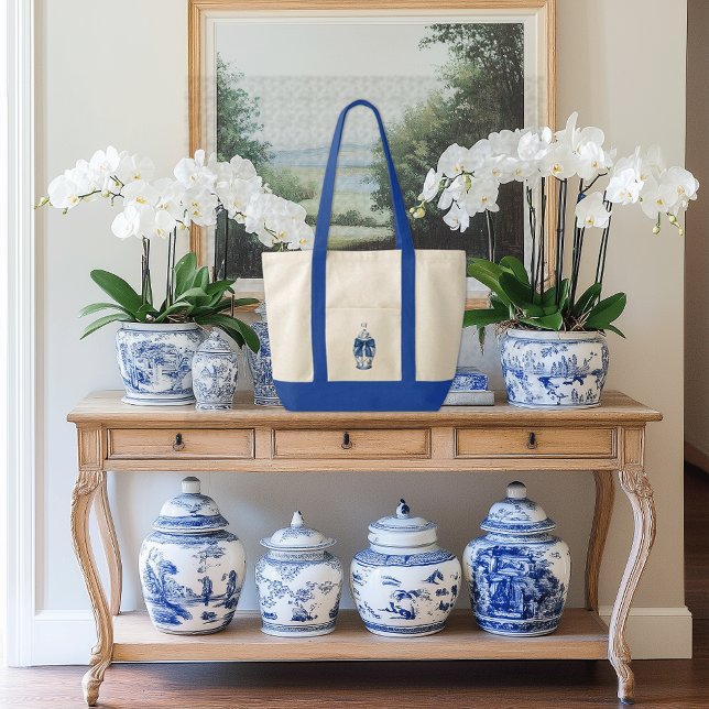Chinoiserie Ginger Jar with Blue Bow Contrast Trim Tote Bag (Ginger Jar contrast trim boat tote bag with custom initials monogram)