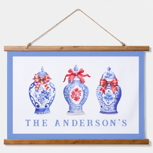 Chinoiserie Ginger Jar With Red Bow | Christmas Hanging Tapestry (Front)