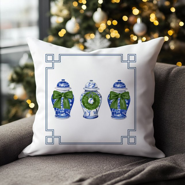 Chinoiserie Ginger Jars Holiday Cushion (chinoiserie blue and white ginger jar christmas pillow)