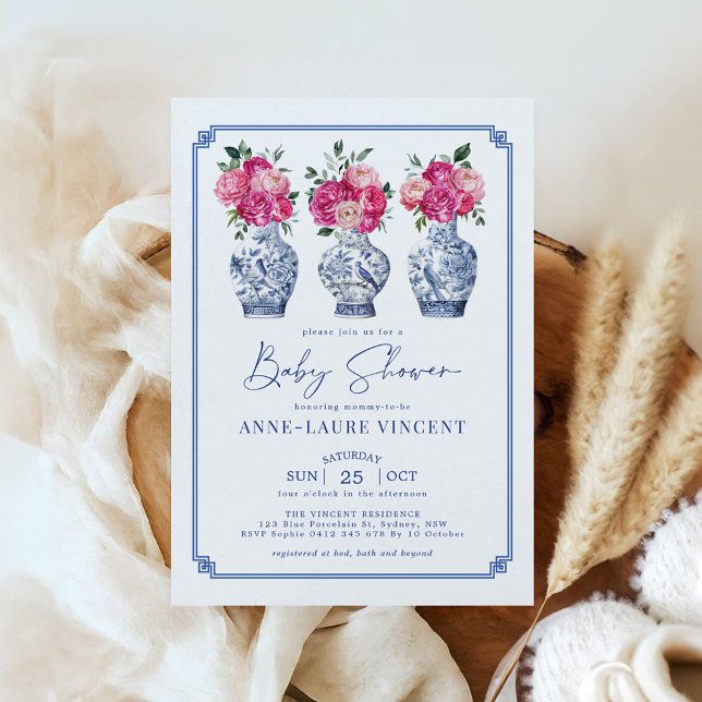 Chinoiserie Ginger Jars Pink Peonies Baby Shower Invitation (Creator Uploaded)