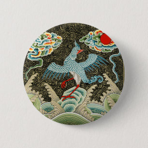 Chinoiserie Golden Crane Bird & Sea Wave Pattern 6 Cm Round Badge