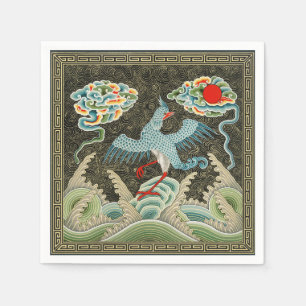 Chinoiserie Golden Crane Bird & Sea Wave Pattern Napkin