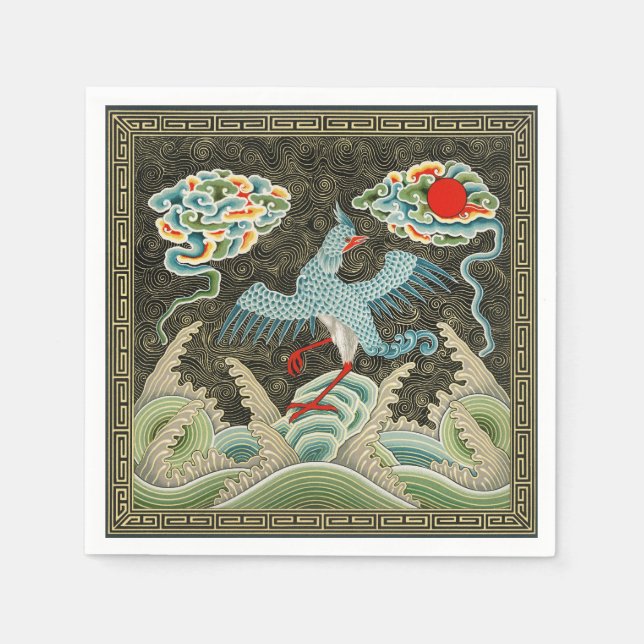 Chinoiserie Golden Crane Bird & Sea Wave Pattern Napkin (Front)