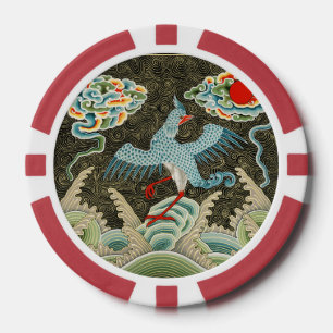 Chinoiserie Golden Crane Bird & Sea Wave Pattern Poker Chips