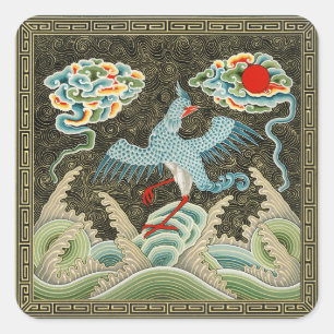 Chinoiserie Golden Crane Bird & Sea Wave Pattern Square Sticker
