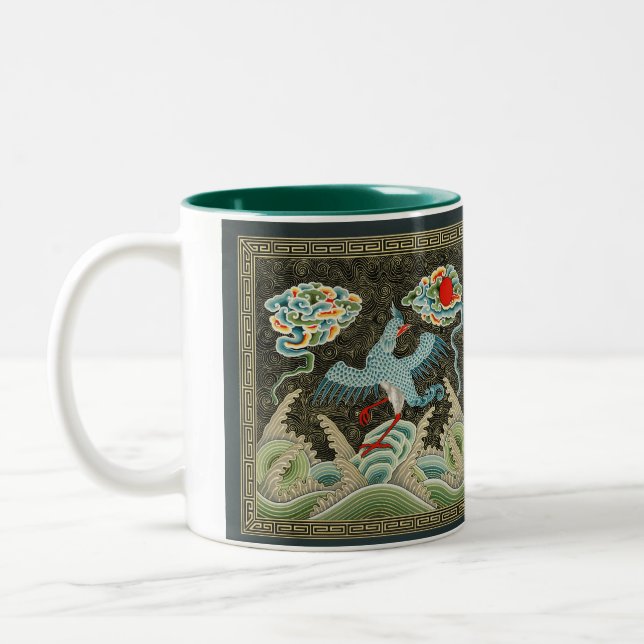 Chinoiserie Golden Crane Bird & Sea Wave Pattern Two-Tone Coffee Mug (Left)
