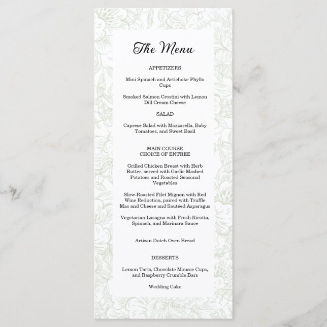 Chinoiserie Green Sage Peony Wedding Menu (Front)