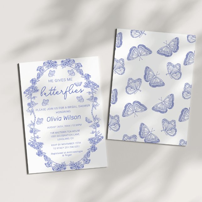 Chinoiserie He Gives Me Butterflies Bridal Shower Invitation (Whimsical He Gives Me Blue Chinoiserie Butterflies Bridal Shower)