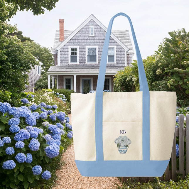 Chinoiserie Hydrangea Monogram Contrast Trim Boat Tote Bag (chinoiserie hydrangea contrast trim monogrammed tote bag)