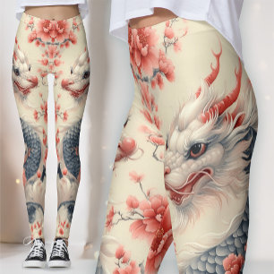 Chinoiserie Imperial Dragon   Coral Sakura Art Leggings