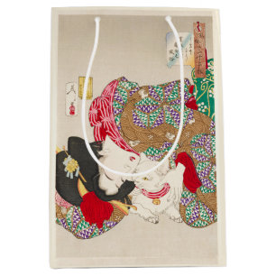 Chinoiserie Japanese Lady & Cat Kimono Art Medium Gift Bag