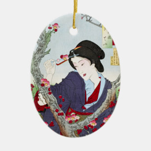 Chinoiserie Japanese Lady & Red Cherry Blossom Ceramic Tree Decoration